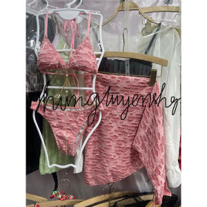 Ship hỏa tốc- set bikini 3 mảnh hồng kiểu rách mix phụ kiện