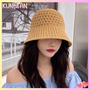 [KUNLIAN] หมวกถักไหมพรมทำมือหมวกทรงถังทรงโดมพับได้หมวกชายหาดสีทึบแบบเรียบง่ายหมวกผู้หญิง
