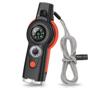 1Pcs Multi-function Whistle with Compass Thermometer LED Light Mirror and Magnifying Glass for Camping Hiking