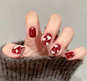 【ไม่มี กาว】เล็บปลอม Diy หัวใจสีแดง ออกแบบเล็บปลอม 24 ชิ้น##TT3091