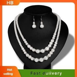 HB Double Chain Pearl Jewelry Set Women Simulated Pearl Necklace Earrings Jewelry