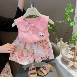 ฤดูร้อนใหม่เด็กผู้หญิงปกตุ๊กตาน่ารักกระต่ายชุดกางเกงลายดอกไม้