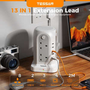 TESSAN Tower Extension Lead 4 USB (2 USB C) Extension Lead 13A 3250W 8 Way Multi Plug Socket Power Strip with Switch Multiplug Adaptor with 2M Cable for Home Office School