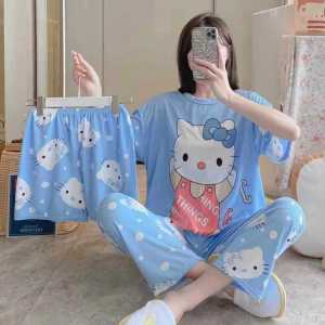 3Pcs Disney Stitch New Womens Pajamas Summer T-Shirt Short Sleeve Pants Shorts Cartoon Girls Kuromi Cute Sleepwear Home Wear