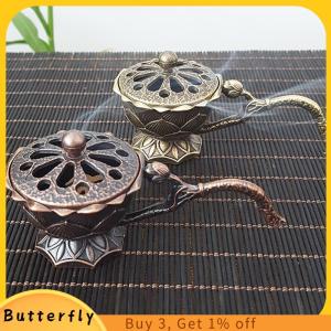 Butterfly กระถางธูปโลหะทรงดอกบัวพร้อมที่จับเครื่องหอมสำหรับฝึกสมาธิโยคะของตกแต่งบ้านธูปอัลลอยสไตล์โบราณ