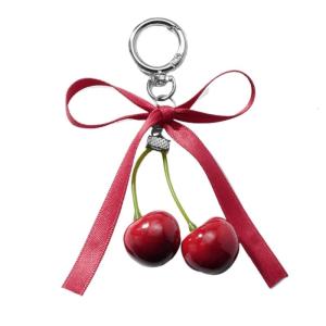Thời trang Faux Cherry móc khóa túi mô phỏng Keychain treo lòng thòng với nơ thắt bướm ruy băng cho sử dụng thường nhật