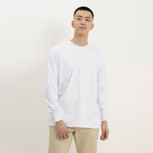 Kaos Polos Pria Rib Lengan Panjang Bahan Katun Combed 30s Putih Solid