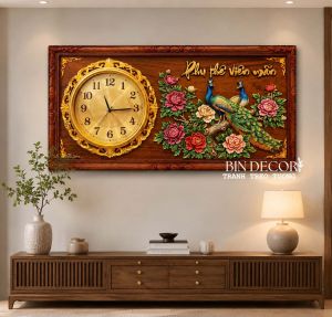 Tranh đồng hồ tráng gương chim công phu thê viên mãn kèm đinh TDH04