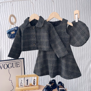 Bear Leader 3 Pcs clothing Suits Girls Set 2023 Autumn New Girls Fashion Plaid Dress+Polo Collar Coat with Hat Kids Girls Clothes 2-6 Years