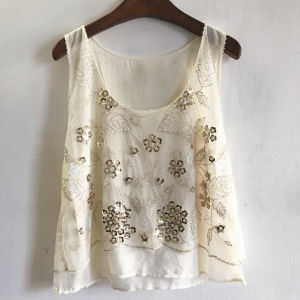 loral Beaded Loose Vest Sleeveless Shirt Summer U-Neck Flowers Embroidered Sequined Chiffon Blouses Shiny Gauze Tank Tops