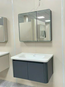 LIÊN HỆ FREESHIP Tủ chậu gương lavabo phòng tắm CT02 Xám Gương Led nhựa PVC cao cấp siêu bền đẹp kích thước mặt lavabo 50x80 cm