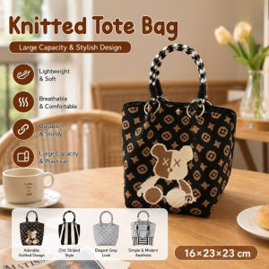 Cartoon Bear Knitted Tote Bag Shoulder Handbag Women Fashion Korean Style Casual Daily Bucket Bag
