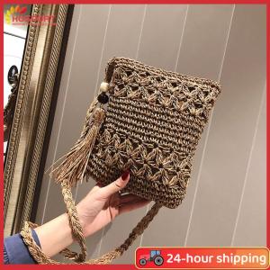 【HOSPORT】สีทึบพู่ไหล่กระเป๋าถือผู้หญิงทอชายหาด Casual Messenger กระเป๋า