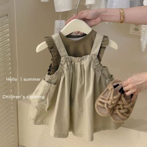 Rolanko 2Pcs Toddler Girl Overall Dress  Ruffle Sleeve Top Set  Summer Beach Girls Sundress Casual Wear 2-8 Years