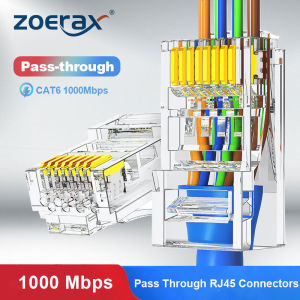 ZoeRax RJ45 Connector Pass Through Cat6 Cat6a Ends 30 Gold Plated 8P8C Ethernet Shield Modular Plugs for 23Awg/24AwgCable