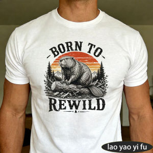 [Local Stock] HBESTY  Vintage Sunset Beaver on Log Graphic T Shirt Men Born To Rewild Nature Print Top Summer Forest Conservation Casual Shirt