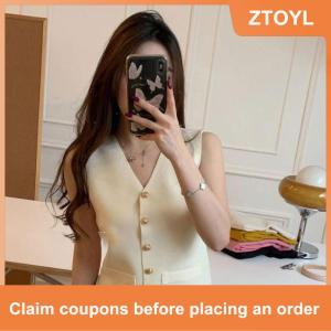 【ZTOYL】 French Retro Solid Color V-neck Single-breasted Sleeveless Knitted Vest For Women