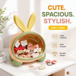 Yummy.miya Cute Rabbit Desktop Storage Box Large Capacity Multifunctional Organizer Sliding Lid Clear Home Desk Decor