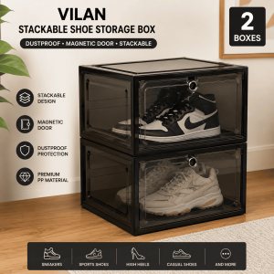 VILAN Stackable Shoe Storage Box Magnetic Door Transparent Shoe Organizer Dustproof Sneaker Storage Box Clear/Black 2/4/6/8 Sets