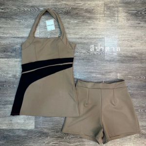 CC 19082 ชุดเซท เสื้อ+กางเกงสั้น ใส่เที่ยว ใส่ทำงาน (ฟรีไซส์ S/M อก 28-32 เอว26-28 สพ32-36)