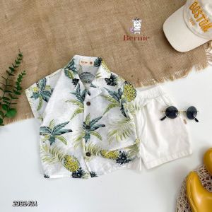 Set sơ mi nhiều họa tiết đi biển cho bé trai bé gái áo sơ mi đũi quần kaki linen 1 đến 7 tuổi BERNIE kids