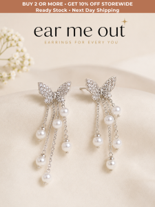 [SG] Crystal Butterfly Front & Back Pearl Earrings | Butterfly Stud with Rear Pearl Chain Drops | Elegant Statement Earrings | ear me out (EMO-42)