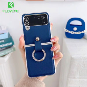 FLOVEME With Glitter Diamond Ring Phone Case For Samsung Galaxy Z Flip 5 Flip 4 Flip 3 5G Leather Pattern Folding Hard PC Shockproof Back Cover For Galaxy Z Flip 5 Flip 4 Flip 3