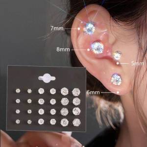 12Pairs White Cubic Zirconia Earrings Set Women Round Zircon Stud Earrings Simple Fashion Jewelry