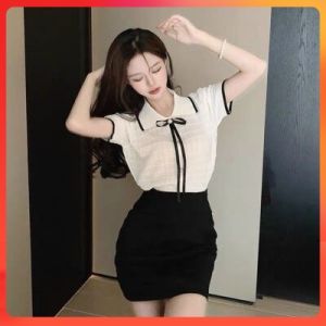 🔥[C054] Áo len thun Montoghi dệt kim QC cổ polo GÂN Ô kèm NƠ NHỎ tay ngắn Quảng Châu - kholenqc