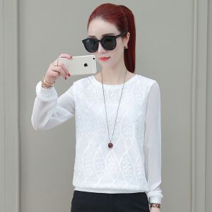 Yushuผู้หญิงแขนยาวชีฟองลูกไม้เย็บปักถักร้อยดอกไม้Oคอเสื้อสตรีเสื้อผู้หญิงใหม่Blusaสุภาพสตรีเสื้อเชิ้ตลําลองเสื้อDF2289