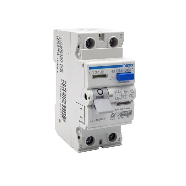 Hager CD240B 40A 2P 2 Pole 30mA AC Inter Differential Residual Current Circuit Breaker Device RCCB (Made in France)