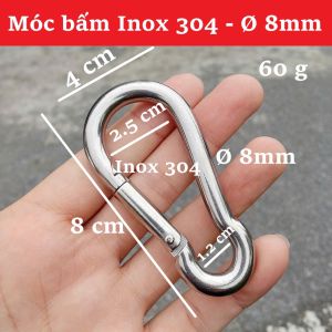 Móc Khóa Inox Chốt Lò Xo Dày 8mm Chất Liệu Thép Không Gỉ 304 Dùng Treo Dây Thừng Túi