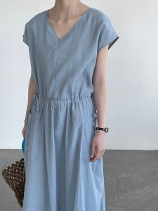 2026 New Summer Thin Dress V Neck Loose Fit Drawstring Waist Elegant Long Maxi Dress