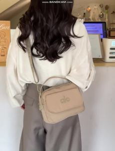 Solid Cream Embossed Alo LogoCrossbody Handbag Women Dual Carry Top Handle & Adjustable Wide Webbing Strap Multi Front Zipper Compartments Waterproof Lightweight Casual Commuter Yoga Gym Daily Shopping Phone Sling Shoulder Bag