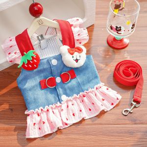 CUTE ELVES Heart Print Dog Harness Dress with Leash Cute Pet Dress Fashion Pink Strawberry Denim Puppy Princess Skirt For Small Dog Cat