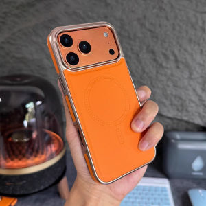 Magne Anti-fingerprint Leather Case for iPhone 17 Pro Max 16 15 Orange Full Coverage Plating Phone Cases Luxury Pu Back Cover