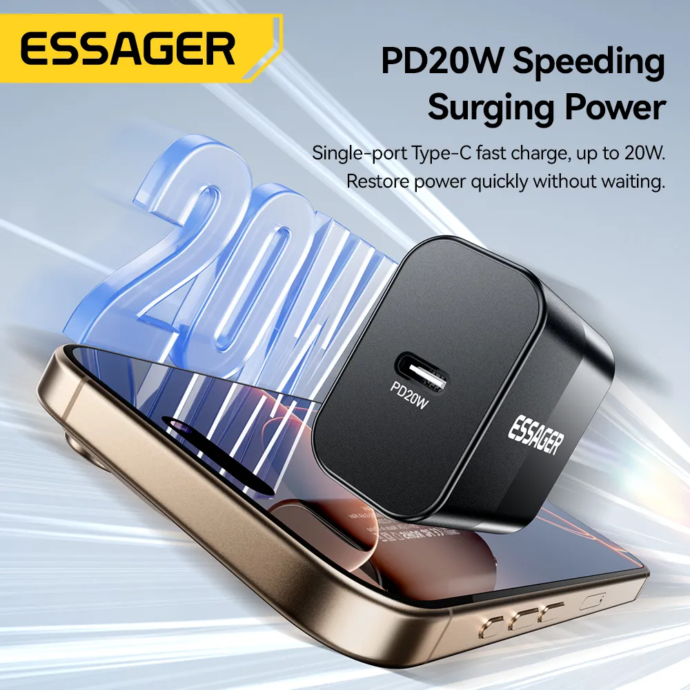 Essager PD20W Type-C Charger Fast Charging PD/QC 3.0 Type C Quick Chargers Travel Recharge For iPhone16 15 14-5 Samsung Huawei Xiaomi iPad Tablet Earphone Fan Type-C PD20W Fast Charge Travel Chargers