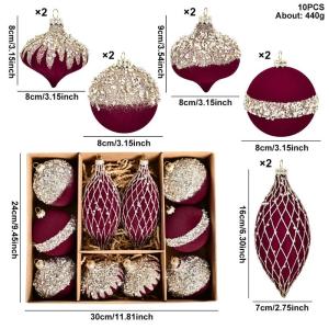 10/12pcs 8cm Christmas Ball Ornaments Wine Red Flocking Christmas Tree Party Decoration Luxury New Christmas Spheres Pendant