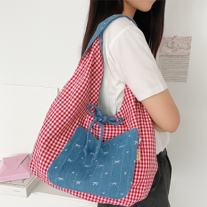 INK6755 Lattice Plaid Denim Vest Bag Bowknot Cloth Canvas Tote Bag Casual Leisure Double Sided Shoulder Bag Women