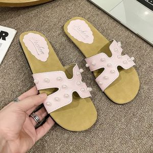 [FreeShipping] Womens Summer Outdoor Slippers 2025 New Ins Style Soft Sole Flat Slide Sandals Fashionable Pearl Womens Shoes