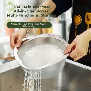 FLYING Perforated Drain Holes Rice Washing Bowl Quick Drain Stainless Steel Vegetable Washing Draining Bowl Hangable Kitchen Drain Basket Kitchen Sink