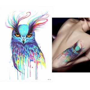 Tato Temporer Tattoo Tatto Temporary Tahan Air Sementara Anti Air Seri HB-361 Motif Burung Hantu Pelangi Biru Kuning