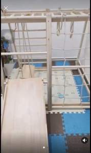 [Msia READY STOCK] Sturdy Wooden Gym Playground Children Climbing Frame for kid+ Double Sides Slide & Climbing Wall + Swing