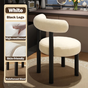 Modern Vanity Stool with Back Faux Fur Accent Chair with Black Legs Comfy Upholstered Foot Stool Small Makeup Desk Chair for Living Room
