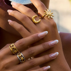 Hmeme Tối Giản Cổ Điển Màu Vàng Mạ Sao Trăng Mở Nhẫn Thiết Kế Không Thấm Nước Thép Không Gỉ Đồ Trang Sức Quà Tặng