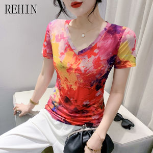 REHIN Summer Fashion Mesh Printed Short Sleeve V-neck T-shirt Slimming S-3XL Trendy Women Blouse