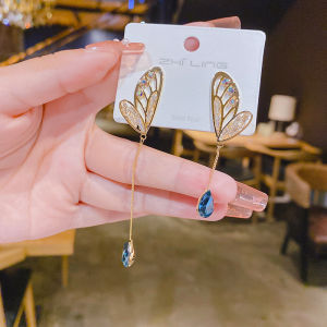Korean New Asymmetry Crystal Butterfly Wings Long Tassels Earrings Fashion Temperament Versatile Earrings Female Jewelry Gift