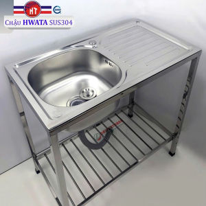 Bộ Chậu Rửa Chén Bát 1 Hộc Có Bàn HWATA Inox 304 Có Chân - 2 lựa chọn Vòi kèm xi phông thoát nước