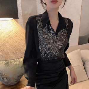 IELGY Sequined long-sleeved shirt for women light luxury and high-end versatile tops