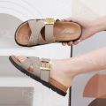 Cool Store Flat Slippers Women's Comfort Daily Wear Rubber Slippers Open-Toes Cross Strap With Adjustable Gold Buckle Slippers For Women Girl Flipflop Walking Shoes (+1 UPSIZE BIGGER). 